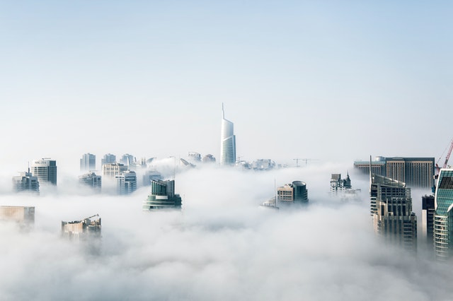 view of buildings and fog